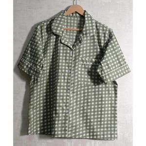 Women Green Check Short Sleeve Pajama Set Turn-Down Collar Button Fly Cotton Sleepwear Casual Spring - Product Image 5
