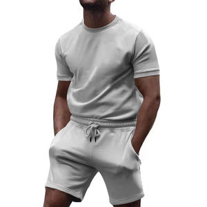 Ensemble T-shirt col rond en coton beige pour homme, motif imprimé numérique tissé, style urbain décontracté, short d'été respirant - Product Image 2