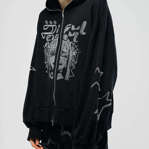 <b>Black</b> Rhinestone Embroidered Hooded Zipper Sweatshirt <b>Men</b> Oversized Streetwear Nonwoven Regular Sleeve Letter Design Front Logo - Product Image 2