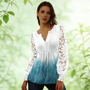 Oferta especial en Temu: Blusa elegante con mangas de encaje degradado, cuello en V y botones, estilo casual para conjuntos de primavera y verano. - Product Image 2