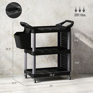 Carrello Portautensili a 3 Ripiani, Capacità 200 LBS, Nero e Grigio Chiaro, Carrello Multiuso in Plastica con Ripiano Laterale e Secchio - Product Image 3