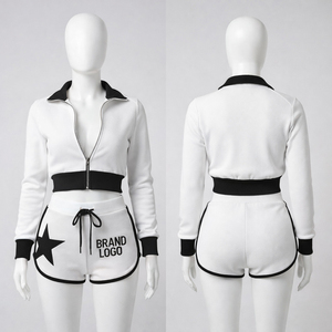 Ensemble de survêtement 2 pièces pour femme avec logo personnalisé, veste courte zippée color block et short imprimé étoiles, vêtements décontractés athleisure pour femme - Product Image 5