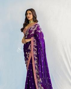 Saree ethnique indien avec chemisier en soie Matty moderne au design en georgette brodé lourd pour les fonctions de mariage des femmes - Product Image 4