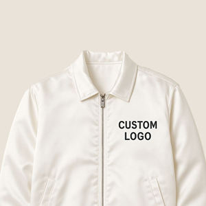 Chaqueta Universitaria Blanca de Satén - Chaqueta Bomber Personalizada con Letras Bordadas - Cuello Plegable, Cierre de Cremallera - Product Image 3