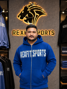 เสื้อฮู้ดซิปแบบเต็มตัว REXFITSPORTS 2026 สีน้ำเงินรอยัล รุ่นสั่งทำพิเศษ สำหรับทั้งชายและหญิง ผ้าฟลีซ สไตล์สตรีทแวร์ พร้อมลายกราฟิกขนาดใหญ่ด้านหน้า แบบสั่งทำส่วนตัว - Product Image 4