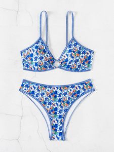 Wholesale blue and white floral 2-piece <b>bikini</b> <b>set</b> with O-ring front Custom low MOQ swimwear manufacturer for US and UK brands. - Product Image 3