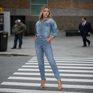 Mono vaquero de moda para mujer de talla grande 2026, mono vaquero azul de moda para mujer, conjunto informal de una pieza de pierna ancha - Product Image 1