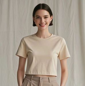 Customized Women Slim Fit <b>Crop</b> <b>Top</b> Stretchy Baby Tee Neck Embroidery Printed Fitness Cropped Mock Neck Style T-Shirt - Product Image 5