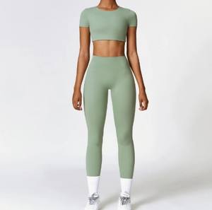 Ensemble de yoga sans manches côtelé respirant coupe ajustée taille mi-haute avec logo frontal pour femme en Spandex/Nylon – Meilleures ventes - Product Image 5