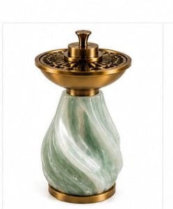 Stainless Steel Religious Eco-Friendly Indian Incense Burner <b>Bakhoor</b> <b>Oud</b> Charcoal Aroma Burner Gold Finish Green Marble Design - Product Image 1