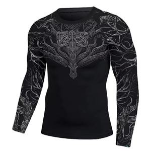 เสื้อรัชการ์ดแขนยาวสำหรับผู้ชาย สีดำขาว พิมพ์ลายใบไม้ แห้งเร็ว ผลิตจากโพลีเอสเตอร์ - Product Image 3