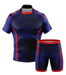 Maillot de rugby ajusté à manches courtes pour homme, bleu foncé avec rayures rouges, sublimé, en polyester respirant, vêtements de sport - Product Image 1