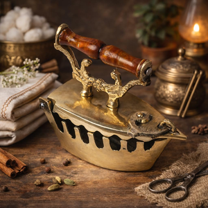 Presse à repasser vintage en laiton avec poignée en bois, fer à repasser métallique de style antique, objet décoratif de collection pour la maison - Product Image 2