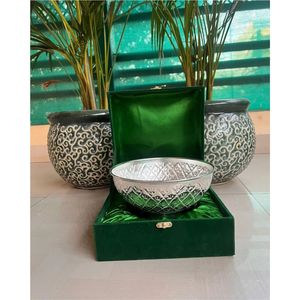 Bol en métal plaqué argent gaufré de luxe en gros avec boîte cadeau en velours vert, vaisselle décorative, cadeau de mariage, cadeau d'entreprise - Product Image 1