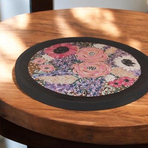 Plateau rond en bois Lazy Susan, motif végétal peint à la main, style bohème, plateau de service fait main - Product Image 2