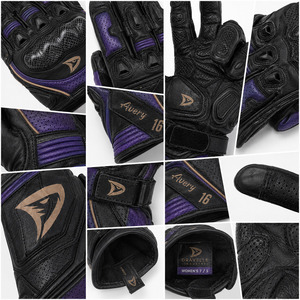 Avery Leather Racing Gloves Full Finger Purple Black Adjustable Wrist <b>Strap</b> Breathable Unisex Riding - Product Image 5