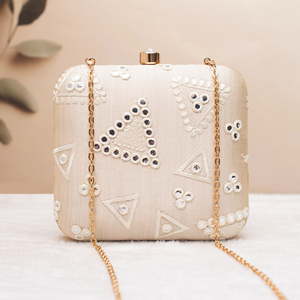 Beige With <b>Mirror</b> & Triangle Embroidery Clutch Bag Elegant Designer Evening Purse for Women Events - Product Image 1