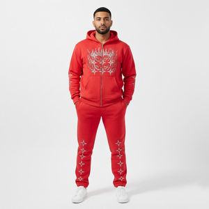 Conjunto Deportivo Informal Unisex con Logotipo Personalizado, Sudadera con Capucha Roja con Cierre Completo, Pantalones Deportivos, Estampado Gráfico de Estrellas, Forro Polar Ligero - Product Image 3
