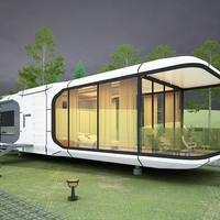 Capsule spatiale mobile personnalisée en usine, mini-maison préfabriquée avec grande fenêtre panoramique, cuisine et chambre pour vacances en plein air