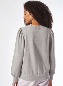 Sweat-shirt gris à manches bouffantes pour femme, couleur unie, col rond, tricoté en coton et fibre de bambou, respirant, décontracté, pour l'automne - Product Image 2