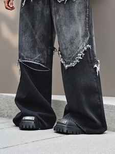 กางเกงยีนส์ผู้ชายสั่งทำขายส่ง ตัดต่อสองสี ล้างแบบวินเทจ เป็นมิตรกับสิ่งแวดล้อม เอวกลาง ทรงขากว้าง สไตล์ไฮสตรีท 100% - Product Image 5