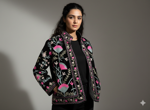 Blouson Bomber en Velours Tricoté Brodé Suzani Vert Vintage, Style Bohème Unisexe, Vêtement d'extérieur Ethnique Chic pour l'Hiver, Cadeau Unique pour Elle - Product Image 3
