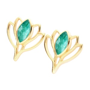 Marquise Dyed <b>Emerald</b> Lotus <b>Stud</b> Earrings – Gold Plated Birthstone Jewelry for Women | Wholesale Handmade - Product Image 1