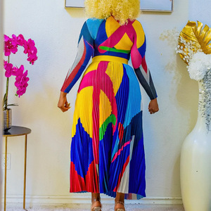 Robe longue décontractée africaine confortable grande taille pour l'automne, ensemble plissé imprimé à manches longues et blocs de couleur - Product Image 2