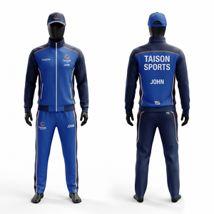 Survêtement de cricket en polyester interlock premium 280 GSM, bleu marine avec panneau contrastant, broderie de logo personnalisée, impression sérigraphique, OEM ODM - Product Image 1