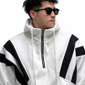 <b>Men's</b> Plus Size Color Blocked Quarter Zip Hoodie Knitted Hooded Sweatshirt White Black - Product Image 6