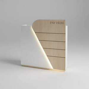 Comptoir de caisse moderne pour le commerce de détail, comptoir de réception incurvé en bois, panneau d'accentuation LED, comptoir de facturation pour magasin, armoire de rangement, design personnalisé - Product Image 2