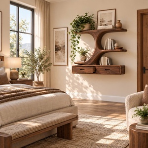 Estante de pared de madera Luxali contemporáneo, único y hecho a mano, con múltiples estantes y cajones para el hogar, la oficina, el estudio y la sala de estar. - Product Image 2