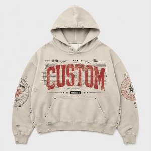Sweat-shirt unisexe personnalisé imprimé, style streetwear vintage, en molleton de coton, coupe oversize, avec poche et logo rouge imprimé sur le devant - Product Image 1