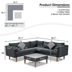 Set di divani da esterno a forma di L in vimini a 4 pezzi con cuscini colorati e cuscini beige, mobili da giardino in rattan marrone - Product Image 4