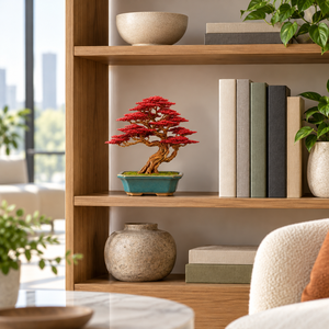 Bonsái de Arce Hecho a Mano con Alambre de Cobre y Follaje Metálico Rojo en Maceta Rectangular de Porcelana para Decoración del Hogar u Oficina, Regalo de Inauguración - Product Image 3