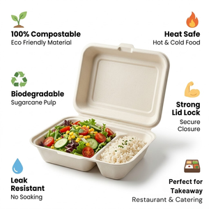 Caja desechable de bagazo tipo clamshell de 6x6 pulgadas |   Contenedor de Alimentos para Llevar, Ecológico y Compostable, Hecho de Pulpa de Caña de Azúcar, para Uso en Restaurantes - Product Image 5