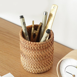 Organisateur de bureau en bois, porte-crayons en rotin naturel, porte-stylos, fournitures essentielles pour le bureau et la maison - Product Image 1