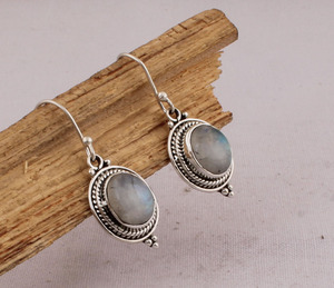 Natural Rainbow Moonstone <b>Earrings</b> 925 Sterling <b>Silver</b> Vintage Victorian Style Blue Fire Moonstone <b>Dangle</b> <b>Earrings</b> Wholesale - Product Image 4