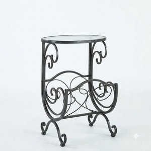 Custom Wrought Iron Magazine Rack Side <b>Table</b> with Glass <b>Top</b> Metal Book <b>Stand</b> <b>Display</b> Shelves - Product Image 1