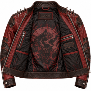 Blouson en cuir rouge vieilli pour homme, style punk rock, avec motif loup, clouté et à pointes, veste de motard, production en gros sur mesure OEM ODM en usine - Product Image 5