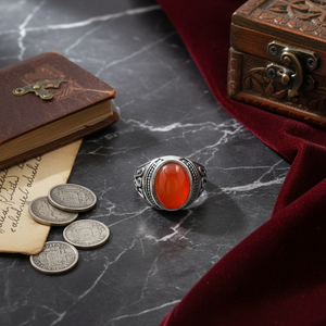 แหวนทรงรีประดับพลอยคาร์เนเลียนสไตล์โบฮีเมียนลายเรขาคณิต ชุบเงิน ทำมือสำหรับผู้หญิง ปราศจากนิกเกิล ทำจากทองเหลือง เครื่องประดับงานฝีมือ - Product Image 1