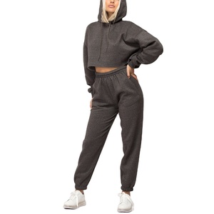 Women's Eco-Friendly 100% Cotton Custom Crop Hoodie Tracksuit Oversized Streetwear <b>Plus</b> <b>Size</b> <b>Jogger</b> <b>Set</b> Front Logo Solid Washed - Product Image 2