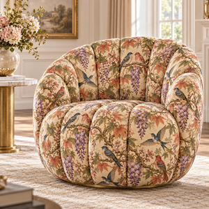 ผ้าหุ้มเบาะลายดอกไม้และนก พื้นหลังสีเบจ สำหรับการตกแต่งเก้าอี้ - Product Image 2