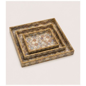 Ensemble de 3 plateaux de service et de rangement rectangulaires uniques en bois de manguier, faits à la main, émaillés, avec motifs botaniques, très demandés - Product Image 2