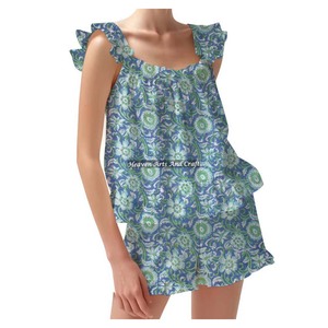 Indian Hand Block Print Night Suit Custom Wholesale Spring/Summer Floral Fitted Strappy Ruffle <b>Trim</b> Sleeves PJ Set - Product Image 1