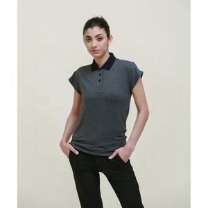 T-shirt en tricot à col polo et manches courtes gris pour femme, couleur unie, coupe décontractée, à porter toute l'année - Product Image 1