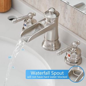 Rubinetto per lavabo bagno da 8 pollici, nichel spazzolato, 3 fori, scarico a scomparsa, doppia leva, rubinetto bagno da 8 pollici - Product Image 3