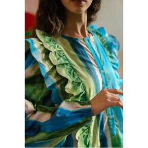 Blusa Casual de Mujer Ocean Play con Cuello Halter, 100% Algodón Popelín, Manga Larga Abullonada, Secado Rápido, Estampado Tie Dye, Estilo Urbano Holgado - Product Image 6