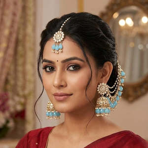 Jewelemarket Elegant Kundan Stone Beads Jhumki Earrings Maangtikka American Diamond Imitation Pearl Sets Model Number 10575457LP - Product Image 1