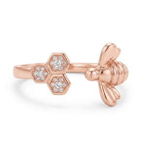 18K Rose Gold Bee <b>Ring</b> Lab Grown Diamonds Butterfly Design Engagement Bands IGI Certified 2.75g Solid Gold - Product Image 1